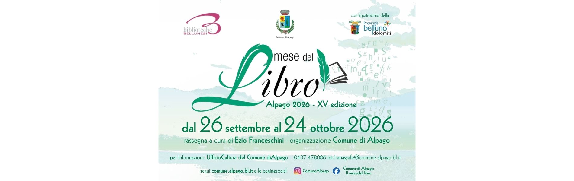 Il Mese del Libro, XV edizione - 5 appuntamenti dal 26/09 al 24/10 in Alpago tra scrittori e libri